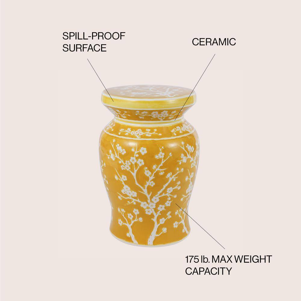 Yellow Ceramic Cherry Blossom Garden Stool 17.75"