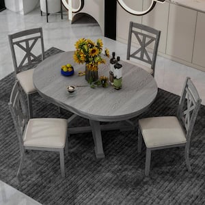 5-Piece Gray Round Extendable Wood Dining Table Set with 4-Upholstered Chairs