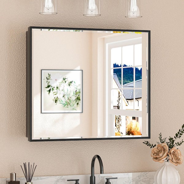 26 in. W x 30 in. H Rectangular Aluminum Black Framed Recessed/Surface Mount Medicine Cabinet with Mirror