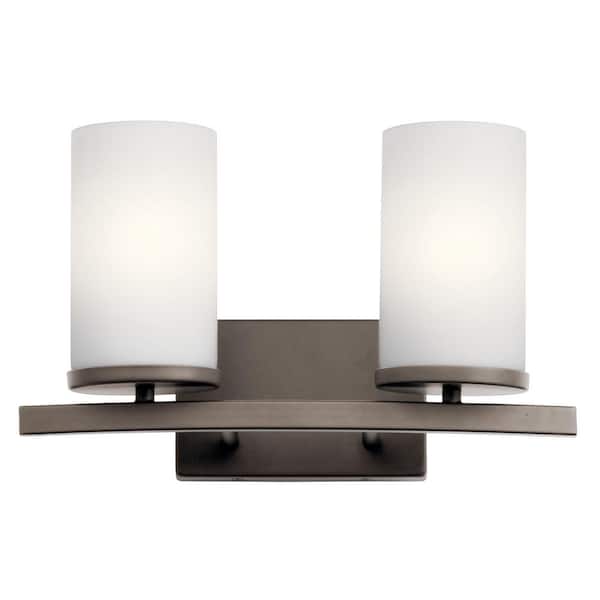 KICHLER Crosby 15 in. 2-Light Old Bronze Contemporary Bathroom Vanity Light with Etched Glass Shade