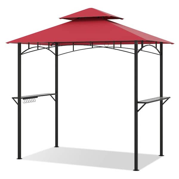 8 ft. x 5 ft. Red Outdoor Double-Tiered Grill Gazebo Canopy with 2 Shelves and 7 Hooks