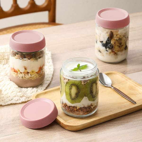 6-pack 16 oz. Glass Jars with Pink Airtight Lids, Wide Mouth, Food Grade, Freezer Safe, Leak Proof, Reusable