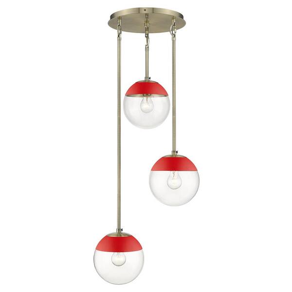 Golden Lighting Dixon 3-Light Pendant in Aged Brass with Clear Glass and Red Cap