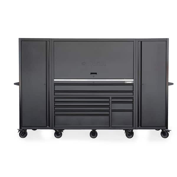 Husky 62 in. W x 24 in. D Heavy Duty 10-Drawer Mobile Workbench with Combo Hutch and 2 Tall Side Lockers in Matte Black
