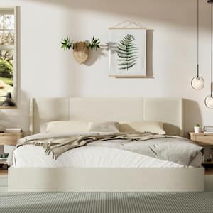 White Frame King Size Wingback Upholstered Platform Bed with Lift-up Storage Supported by Metal and Wooden Slats