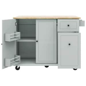 Grey Blue Wood 54 in. Kitchen Island Cart on Wheels Drop-Leaf Pull-Out Cabinet Organizer with Spice Rack, Towel Rack
