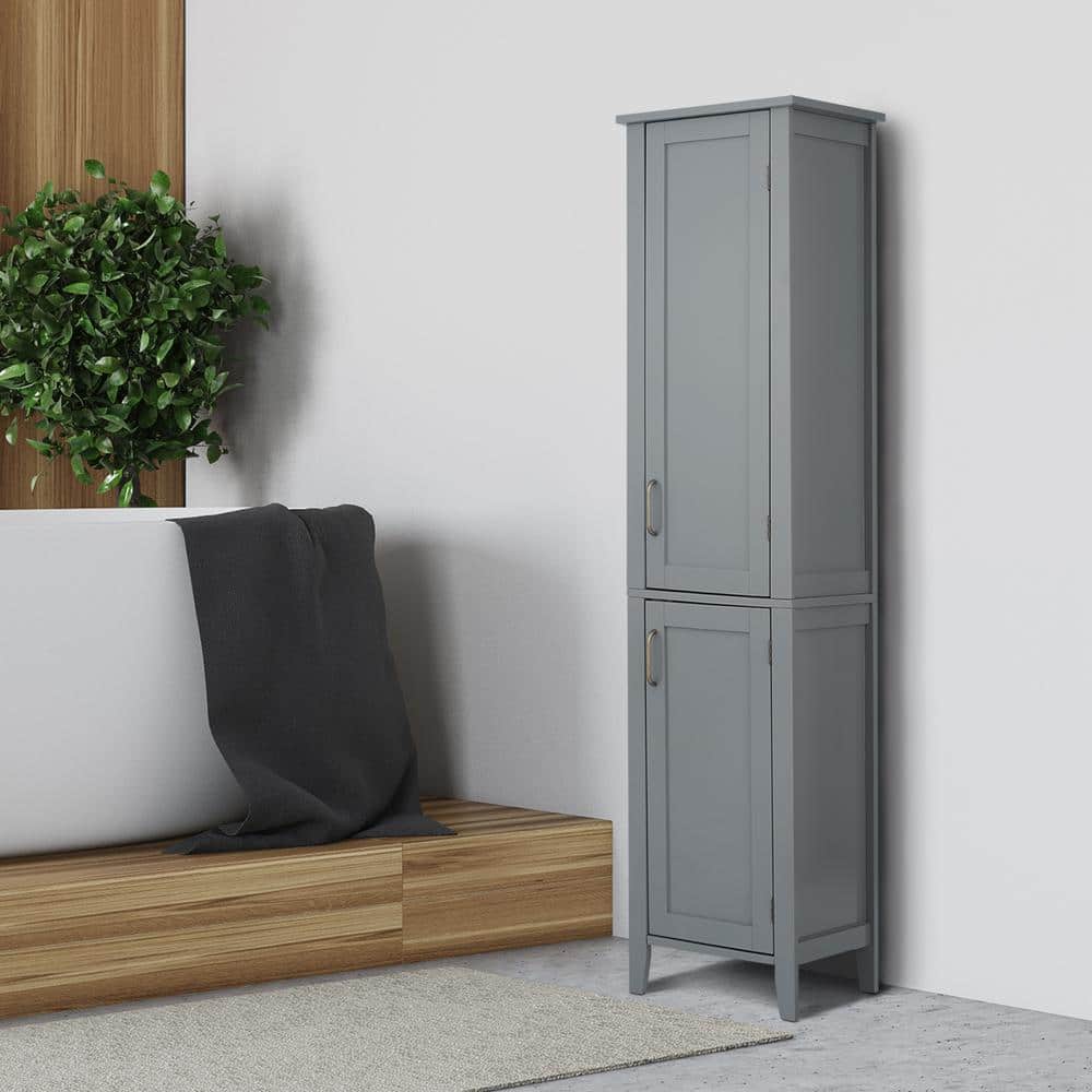 Gray Engineered Wood Linen Tower Cabinet with Adjustable Shelving