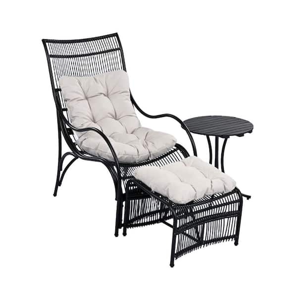VISTA FORMOSA LLC Outdoor Black 3-Piece Wicker Patio Conversation Set with Beige Cushions, with Chair, Chairs Table with Cushions, Ottoman