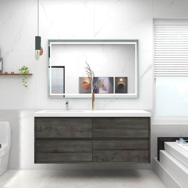 Kingdee 59 in. W x 20 in. D x 26 in. H Single Sink Floating Bath Vanity in Smoke Oak with White Acrylic Top