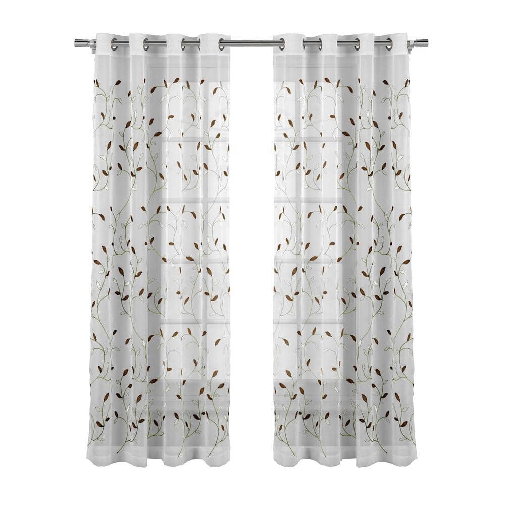 Brown Floral Embroidered Sheer Grommet Curtain Panel 54" x 84"