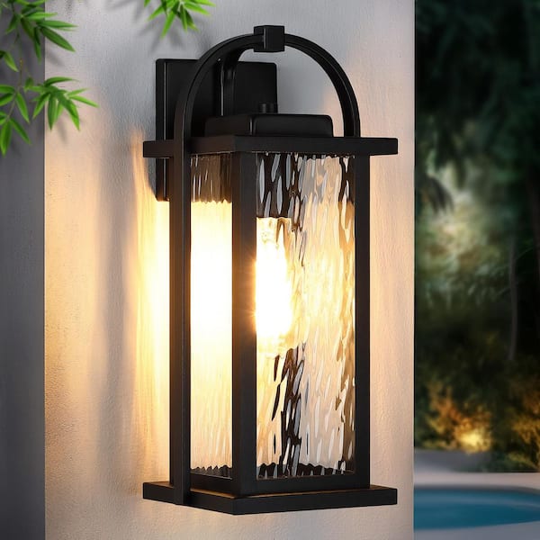 15.25 in. 1-Light Matte Black Outdoor Wall Lantern Sconce with Clear Water Glass, No Bulbs Included