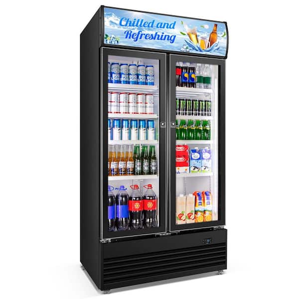 Commercial Merchandiser Refrigerator 39.4 in. 35 cu. ft. Beverage Display Cooler with LED Lights and Lightbox in Black.