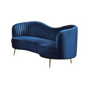 74 in. Blue Solid Velvet 2-Seater Loveseat with Channel Tufting and Camelback