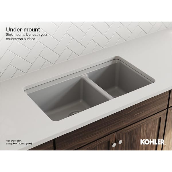 KOHLER Executive Chef Undermount Cast-Iron 33 in. 4-Hole Double Bowl Kitchen Sink in Sea Salt