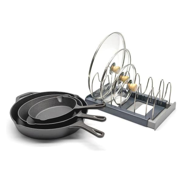 10-Piece Cast Iron Skillet Set Black Pre-Seasoned with Glass Lids Silicone Utensils Pots and Pans Organizer