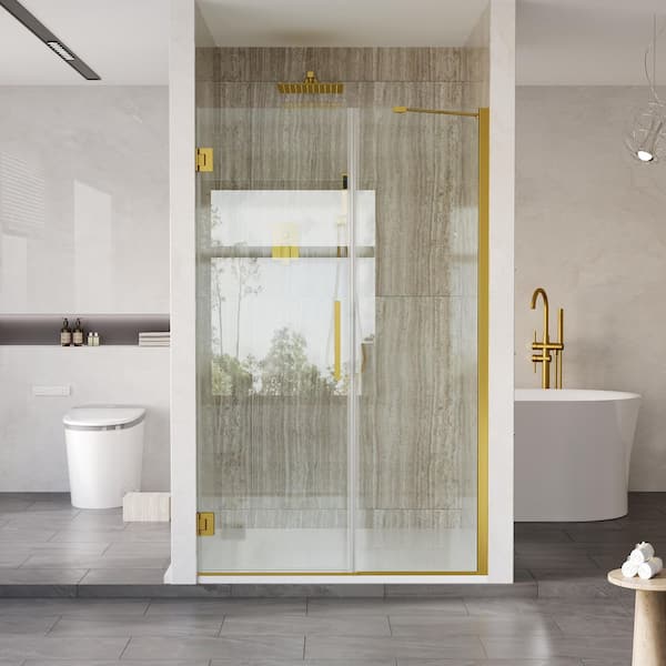UNIFIT 44-45 in. W x 72 in. H Hinged Frameless Shower Door in Brushed Gold with 3/8 in. SGCC Clear Tempered Glass