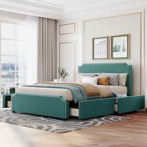 Green Wood Frame Queen Upholstered Platform Bed with Stud Trim Headboard and Footboard and 4-Drawers