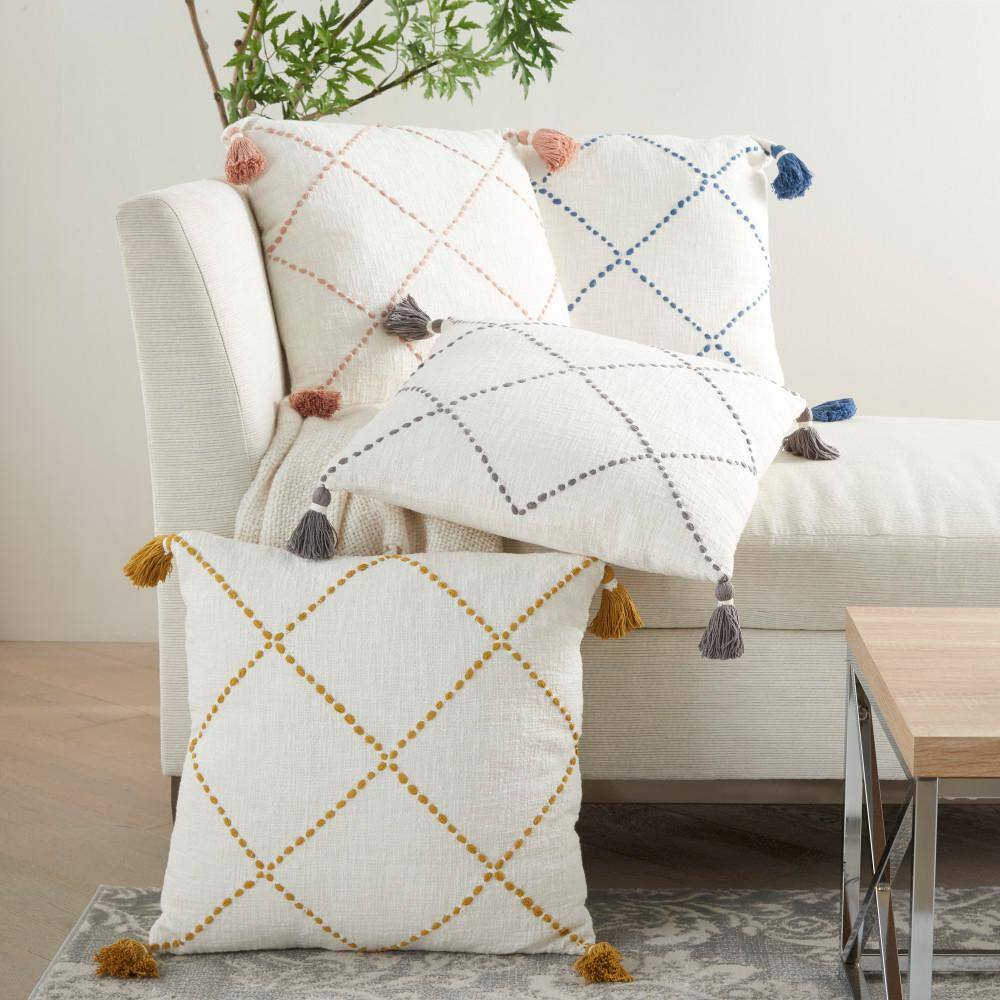 Mustard and White Embroidered Cotton Square Throw Pillow Set