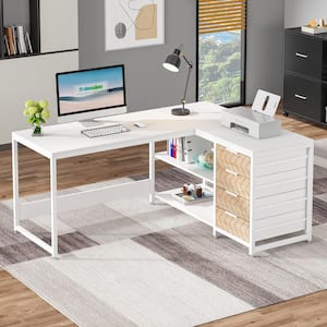 Lanita 59 in. L Shaped White Wood 4-Drawer Computer Desk with Storage, Reversible Corner Desk Study Writing Table