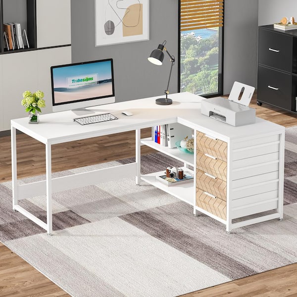 BYBLIGHT Lanita 59 in. L Shaped White Wood 4-Drawer Computer Desk with Storage, Reversible Corner Desk Study Writing Table