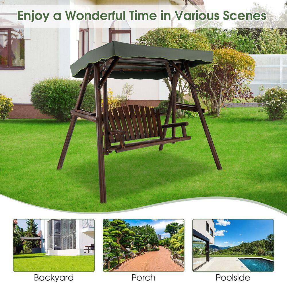 Natural Brown Fir Wood 2-Person Porch Swing with Adjustable Canopy