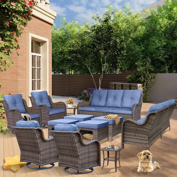 Brown 12-Piece Wicker Patio Conversation Seating Sofa Set Outdoor Swivel Chairs with Denim Blue Cushions and Ottomans