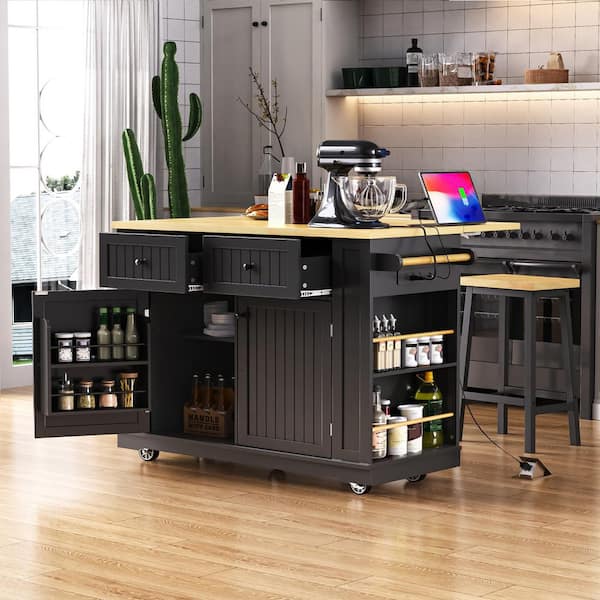 Set of 3 Black MDF Wood 45 in. Kitchen Island Cart with 2 Bar Stools, Drop Leaf, Power Outlet, 5 Wheels, Storage Rack