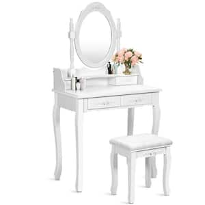 4-Drawer White Makeup Vanity Sets with 360° Rotatable Mirror and Cushioned Mirror