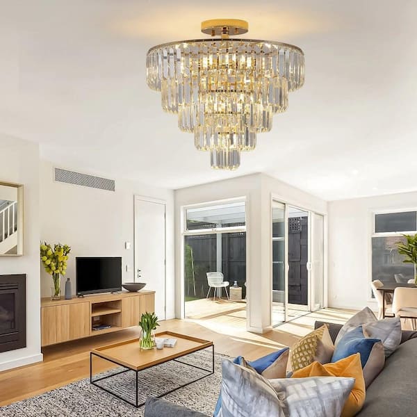 20 in. Semi Flush Mount Round 10-Light Chandelier with 5 Layers of