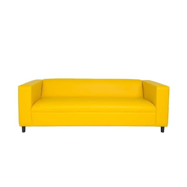 HomeRoots Amelia 84 in. Rolled Arm Faux Leather Rectangle Nailhead Trim Sofa in Yellow