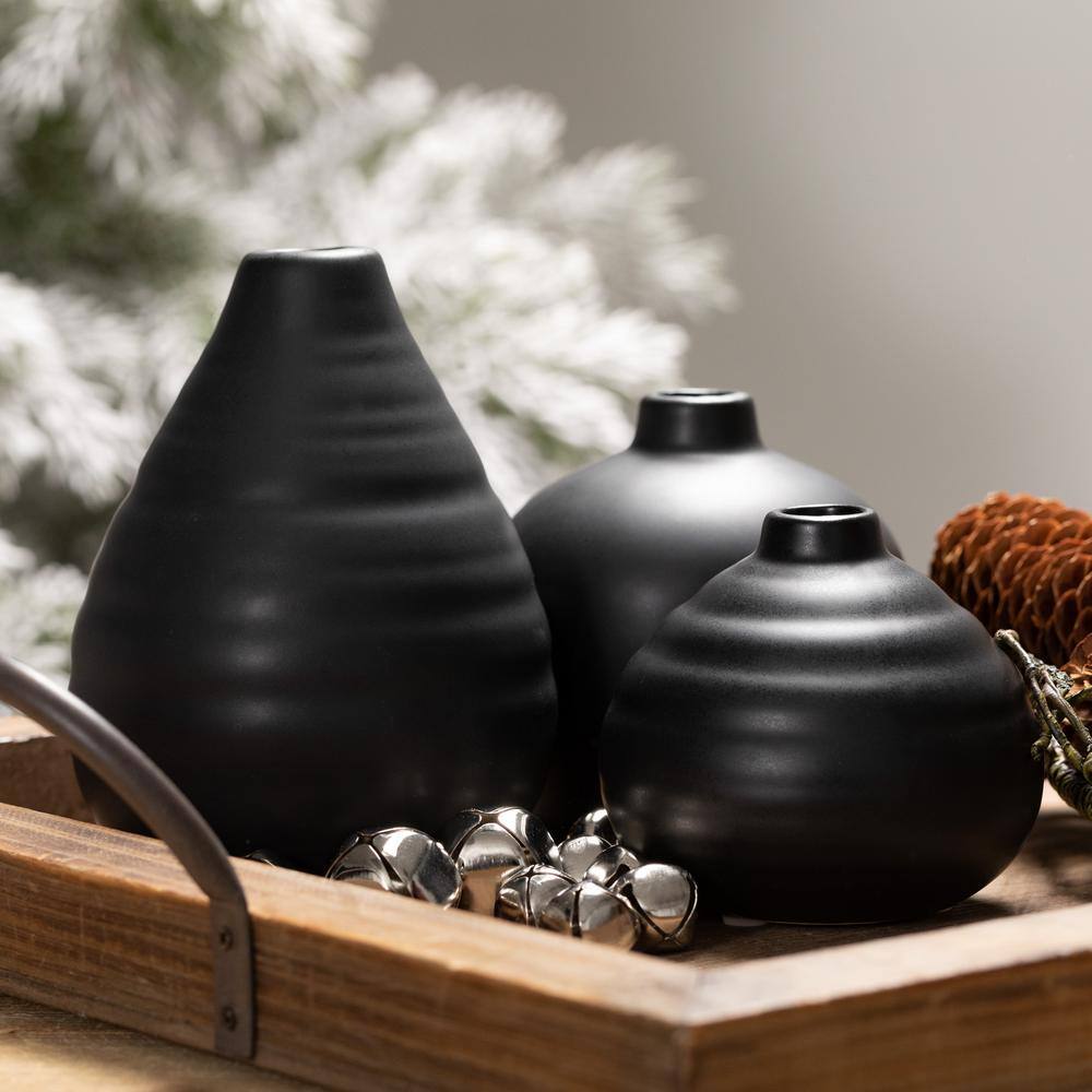 Matte Black Ceramic Bud Vase Trio, 9" x 6.5" Modern Home Decor