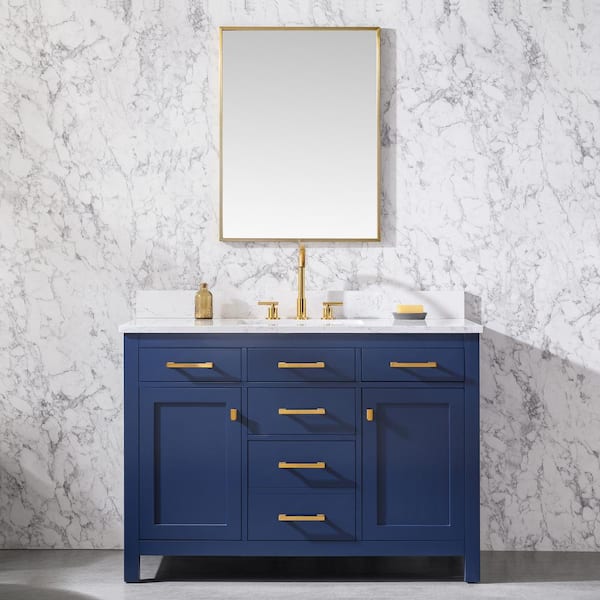 SUDIO Jasper 48 in. W x 22 in. D Bath Vanity in Navy Blue with Engineered Stone Vanity in Carrara White with White Sink
