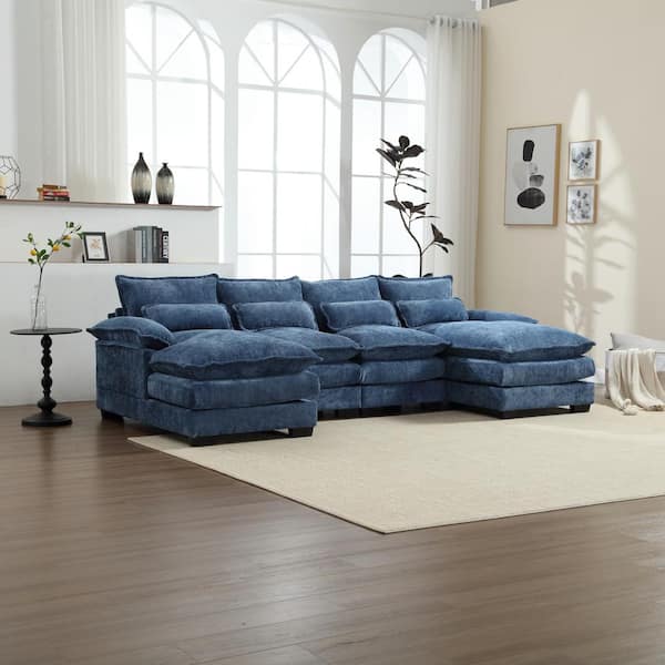 HOMEFUN 110 in. Rolled Arm 4-piece U-Shaped Modular Chenille Sectional Sofa Couch in Navy Blue with 2-Cushions and 4-Pillows