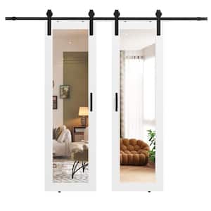 48 in. x 84 in. (Double 24 in. W doors) 1 Lite, Mirrored Glass, White, Finished, MDF Sliding Barn Door with Hardware Kit