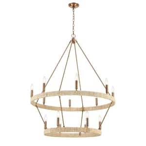 Corde 36 in. W 14-Light Satin Brass Chandelier with No Shades
