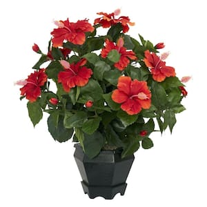 20 in. Artificial H Red Hibiscus with Black Hexagon Vase Silk Plant