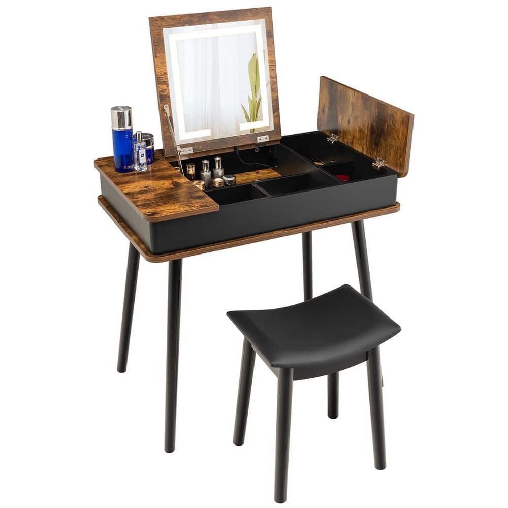 Costway Vanity Table Set w/Flip Top Mirror Lights USB Port Cushioned