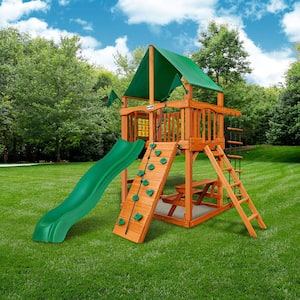 Chateau Tower Wooden Outdoor Playset with Green Vinyl Canopy, Wave Slide, Rock Wall, and Swing Set Accessories