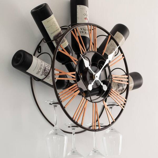 Vintiquewise Wall-Mounted Clock Design Wine Holder with Stemware