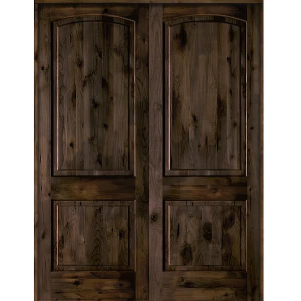 Krosswood Doors 48 in. x 96 in. Rustic Knotty Alder 2-Panel Universal/Active Black Stain Wood Double Prehung Interior Door with Arch-Top