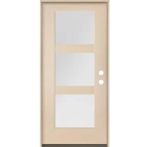 BRIGHTON Modern 36 in. x 80 in. 3-Lite Left-Hand Inswing Satin Etched Glass Unfinished Fiberglass Prehung Front Door