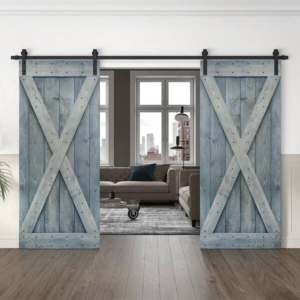 CALHOME 72 in. x 84 in. x Series Denim Blue Stained Solid Knotty Pine Wood Interior Double Sliding Barn Door with Hardware Kit