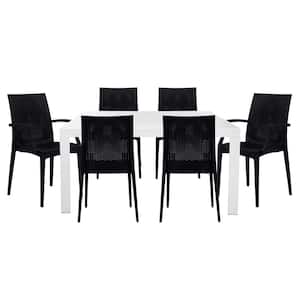 Mace 7-Pcs Patio Dining Set with Plastic Dining Side Chairs and Arm Chairs and Rectangular Dining Table (White/Black)