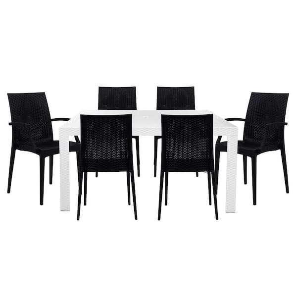 Leisuremod Mace 7-Pcs Patio Dining Set with Plastic Dining Side Chairs and Arm Chairs and Rectangular Dining Table (White/Black)