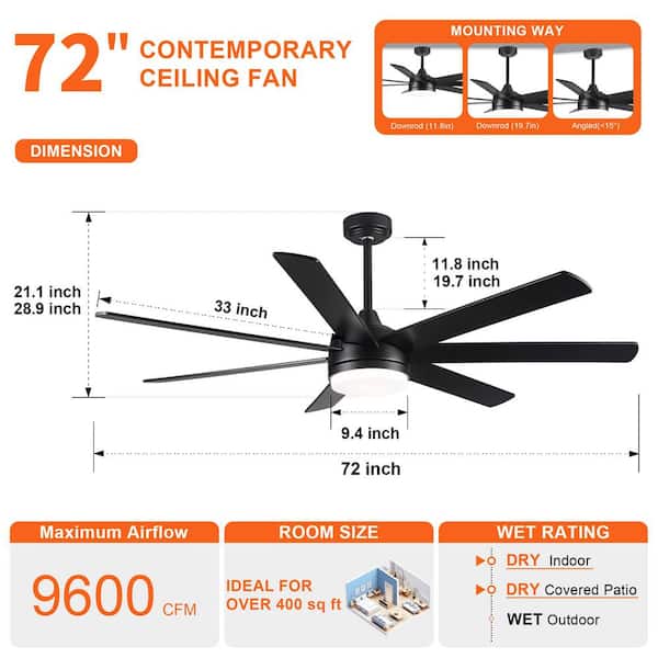 Sevenine Coastal 72 in. Smart Indoor Matte Black Large Ceiling Fan