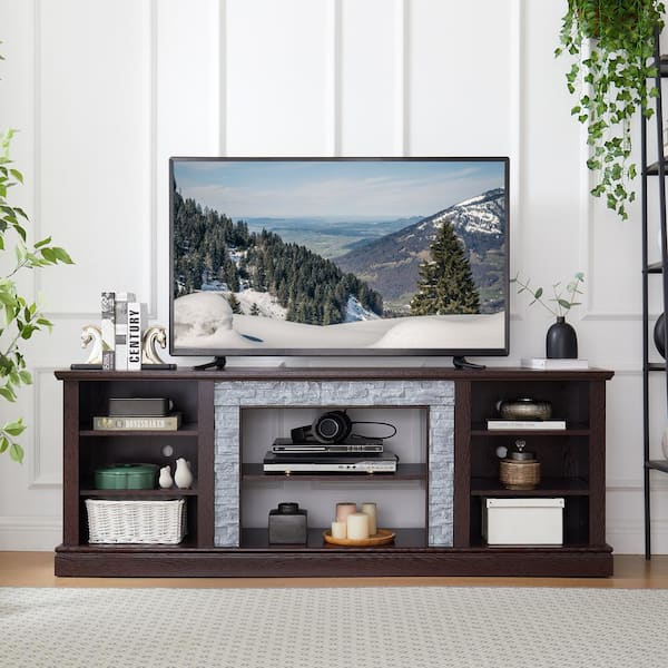 Magic Home 70.12 in. W x 15.35 in. D x 25.83 in. H, Cherry Large Faux Stacked Stone TV Stnad  with Large Storage Cabinet
