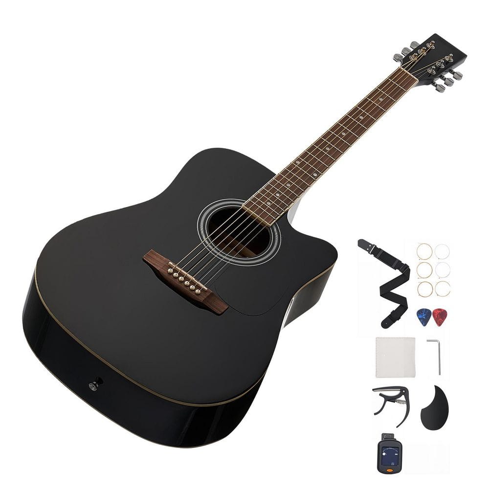 Cutway Acoustic Guitar 41 in. 6-String Black Solid Spruce Top Guitar Beginner Bundle with Gig Bag Tuner