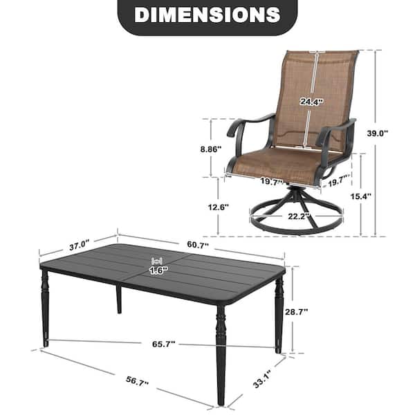 Black 7 Pieces Textilene and Metal Rectangle Outdoor Dining Set with 6 Swivel Chairs and Umbrella Hole