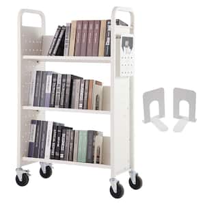 Book Cart 330 lbs. Library Cart 31 x 15 x 49 in. Single Sided V-Shape Sloped Shelves with 4 in. Lockable Wheels in White