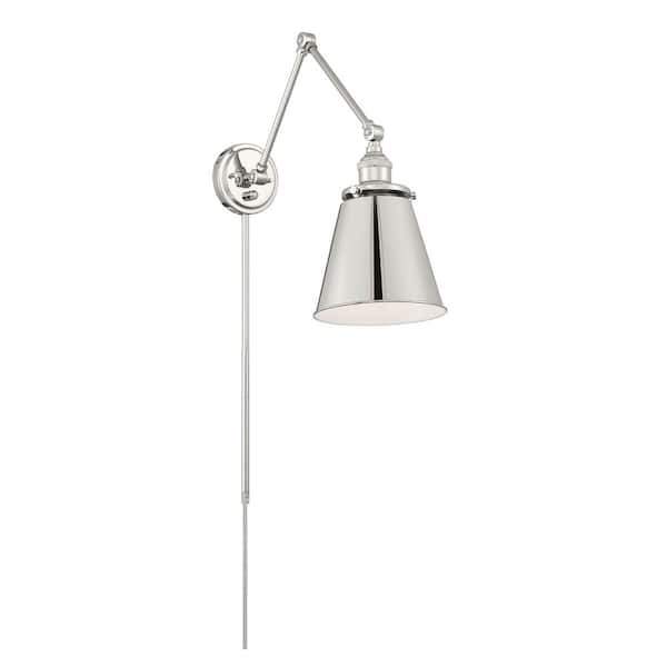 Bayard 1-Light Polished Nickel Convertible Swing Arm Wall Lamp with Metal Shade and No Cord for Living Room and Bedroom
